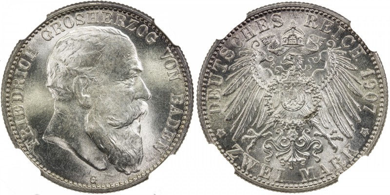 BADEN: Friedrich I, gross herzog, 1856-1907, AR 2 mark, 1907-G, KM-278, NGC grad...
