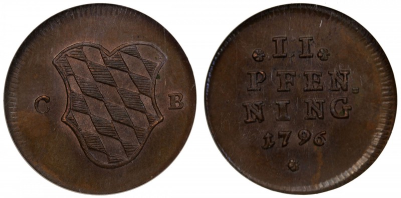 BAVARIA: Karl Theodor, 1777-1799, AE 2 pfennig, 1796, KM-582, a lovely example o...