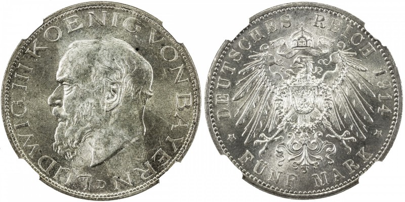 BAVARIA: Ludwig III, 1913-1918, AR 5 mark, 1914-D, KM-1007, J-53, NGC graded MS6...