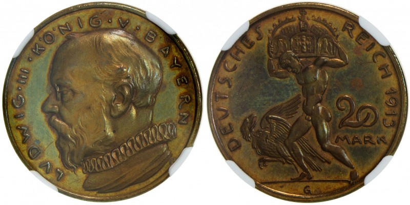 BAVARIA: Ludwig III, 1913-1918, AE 20 mark, 1913, Schaaf-202/G1, bronze pattern ...