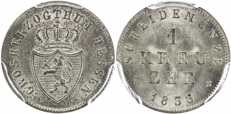 HESSE-DARMSTADT: Ludwig II, 1830-1848, AR kreuzer, 1836, KM-299, PCGS graded MS6...
