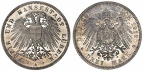 LÜBECK: Free and Hanseatic City, AR 3 mark, 1912-A, KM-215, Y-86, lightly toned, Proof.