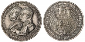 MECKLENBURG-SCHWERIN: Friedrich Franz IV, 1897-1918, AR 3 mark, 1915, KM-340, Jaeger-88, 100 Years as Grand Duchy, nicely toned, Choice UNC.