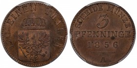 PRUSSIA: Friedrich Wilhelm IV, 1840-1861, AE 3 pfennig, 1856-A, KM-453, a lovely proof example! PCGS graded PF65 RB.