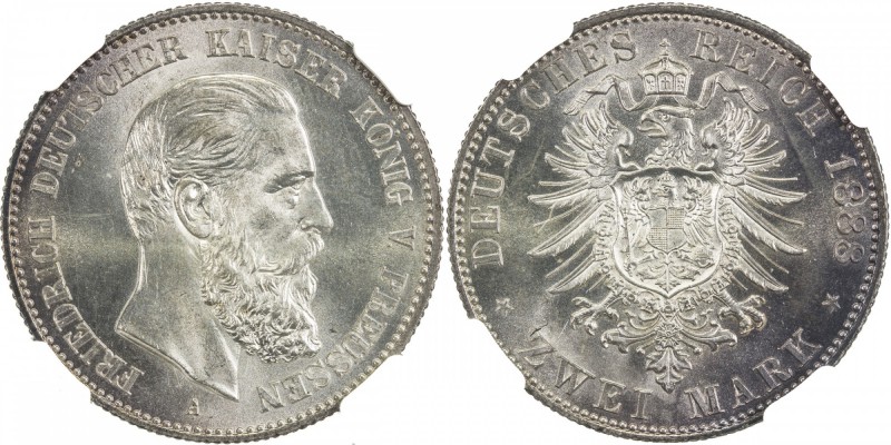 PRUSSIA: Friedrich III, 1888, AR 2 mark, 1888-A, KM-511, one-year type, NGC grad...