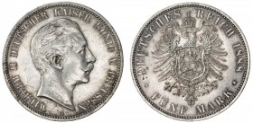 PRUSSIA: Wilhelm II, 1888-1918, AR 5 mark, 1888-A, KM-513, J-101, light surface hairlines, AU.