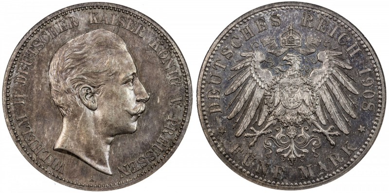 PRUSSIA: Wilhelm II, 1888-1918, AR 5 mark, 1908-A, KM-523, J-104, scarce date in...