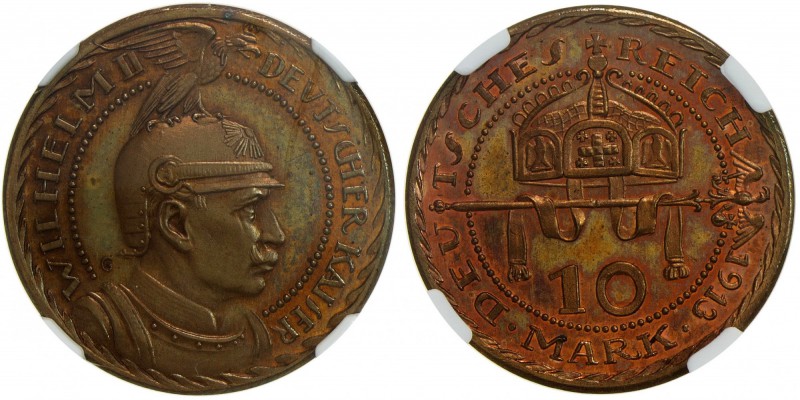 PRUSSIA: Wilhelm II, 1888-1918, AE 10 mark, 1913, Schaaf-253A/G2, bronze pattern...