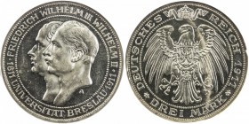PRUSSIA: Wilhelm II, 1888-1918, AR 3 mark, 1911-A, KM-531, Breslau University 1811-1911, NGC graded Proof 63.