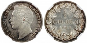 WÜRTTEMBERG: Wilhelm I, 1816-1864, AR ½ gulden, 1864, KM-604, light rainbow toning with otherwise bright lustrous surfaces, NGC graded MS63.