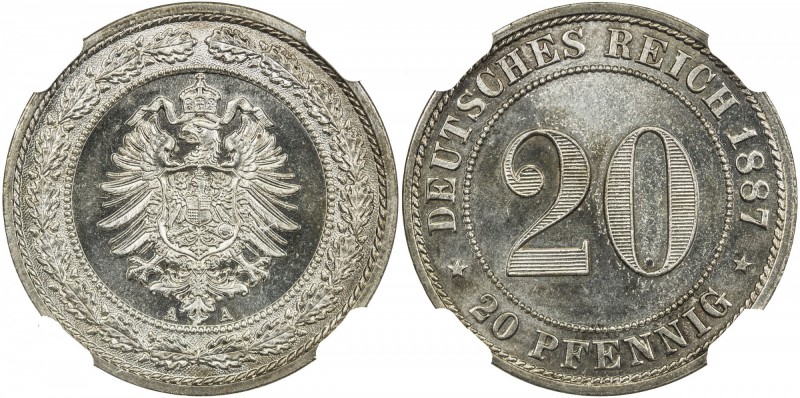 GERMANY: Kaiserreich, 20 pfennig, 1887-A, KM-9.1, a superb example! NGC graded M...