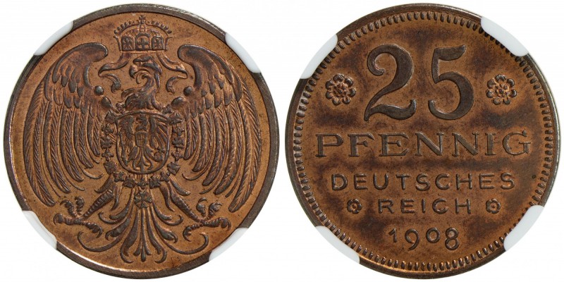 GERMANY: Kaiserreich, AE 25 pfennig, 1908, Schaaf-18/G27, pattern in copper by K...