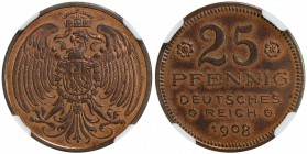 GERMANY: Kaiserreich, AE 25 pfennig, 1908, Schaaf-18/G27, pattern in copper by Karl Goetz, NGC graded PF65 RB.