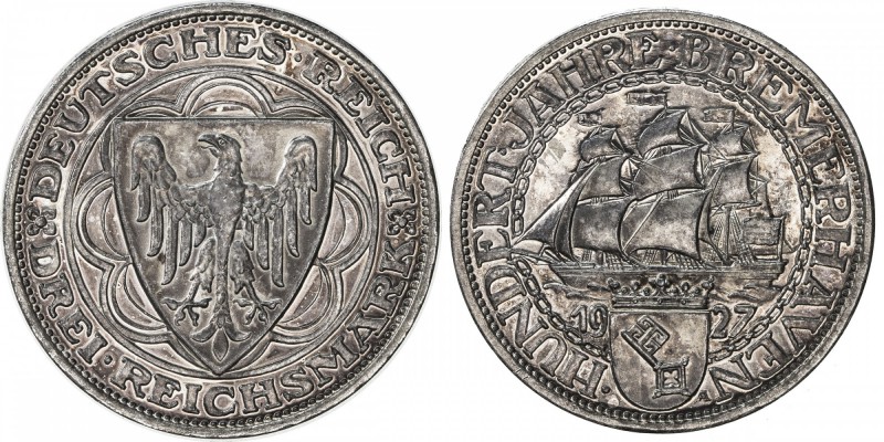 GERMANY: Weimar Republic, AR 3 mark, 1927-A, KM-50, Y-53, 100th Anniversary - Br...