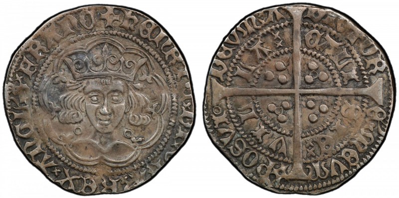 ENGLAND: Henry VI, 1422-1461, AR groat, Calais, S-1836, crowned bust facing in t...