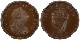 IRELAND: George III, 1760-1820, AE penny, Soho mint, 1805, KM-148, NGC graded PF66 BR+.