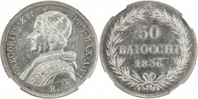 PAPAL STATES: Gregory XVI, 1831-1846, AR 50 baiocchi, 1836-R year VI, KM-1109, NGC graded UNC details (surface hairlines).