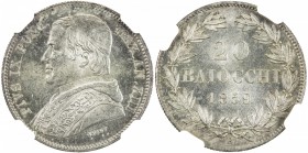 PAPAL STATES: Pius IX, 1846-1878, AR 20 baiocchi, 1859-R year XIII, KM-1360, NGC graded MS62.