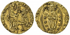 VENICE: Francesco Foscari, 1423-1457, AV ducat (3.44g), Paol-1, Fr-1232, St. Mark standing right, presenting banner to Doge kneeling left // Christ Pa...