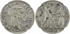 ITALY: Vittorio Emanuele III, 1900-1946, AR 20 lire, 1928-R, KM-69, cleaned, NGC graded AU details.