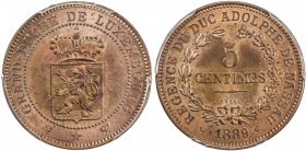 LUXEMBOURG: Guillaume III, 1849-1890, AE 5 centimes, 1889, KM-E5, ESSAI for a type never accepted for general circulation, PCGS graded Specimen 64 RD.