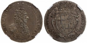 SOVEREIGN MILITARY ORDER OF MALTA: António Manoel de Vilhena, 1722-1736, AR 12 tari (scudo), 1724, KM-180, armored bust right // crowned crest, NGC gr...