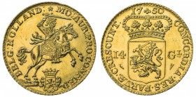 HOLLAND: Dutch Republic, AV 14 gulden (9.94g), 1750 (sic), restrike struck in 1963 at the Utrecht mint, with fish & caduceus privy marks, armored knig...