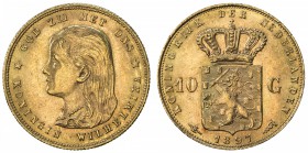 NETHERLANDS: Wilhelmina I, 1890-1948, AV 10 gulden, 1897, KM-118, AGW 0.1947 oz, EF.