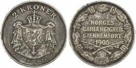NORWAY: Haakon VII, 1905-1957, AR 2 kroner, 1907, KM-366, Border Watch Commemorative, toned, VF.