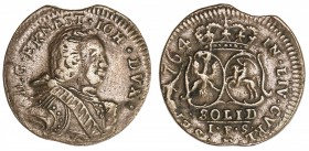 COURLAND: Ernst Johann Biron, 2nd reign, 1762-1769, AE solidus (1.20g), 1764, KM-28, initials IFS, minor clip error, lovely VF-EF.