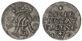 ELBING: August III, 1733-1763, AE solidus (0.61g), 1763, KM-105, initials FLS, choice EF.