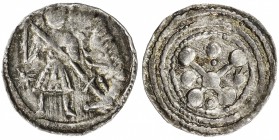 POLAND: Boleslaus III, 1107-1138, AR denar (0.52g), Gum-80, king standing, spearing a lion // ornate cross, decent strike, EF.