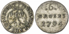 POLAND: Stanislaus Augustus, 1764-1795, BI 6 groszy (1.93g), 1794, KM-215, AU.