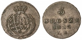 POLAND: Friedrich August I, of Saxony, 1807-1814, AE 3 grosze (8.99g), 1812, Cr-82, mintmaster IB, lovely strike, excellent smooth surfaces, EF-AU.
