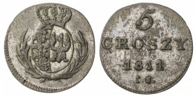 POLAND: Friedrich August I, of Saxony, 1807-1814, BI 5 groszy (1.81g), 1811, Cr-83, mintmaster IS, EF-AU.