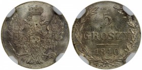 POLAND: Nicholas I, of Russia, 1825-1855, AR 5 groszy, Warsaw mint, 1840, Cr-111a, NGC graded MS65.