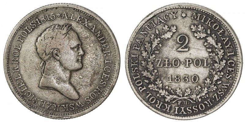 POLAND: Nicholas I, of Russia, 1825-1855, AR 2 zlote, 1830, Cr-115, mintmaster F...