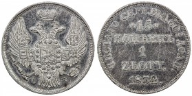 POLAND: Nicholas I, of Russia, 1825-1855, AR zloty (15 kopecks), St. Petersburg, 1832, Cr-129, surface hairlines, prooflike, AU.