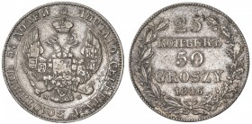 POLAND: Nicholas I, of Russia, 1825-1855, AR 50 groszy, Warsaw, 1846, Cr-131, VF. Denomination as 25 kopecks on the Russian standard.