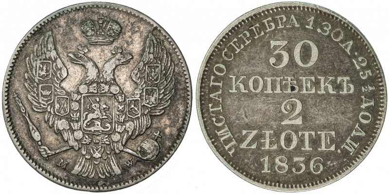 POLAND: Nicholas I, of Russia, 1825-1855, AR 2 zlote (30 kopecks), Warsaw, 1836,...