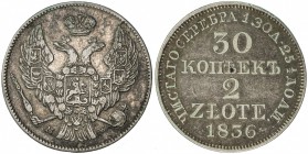 POLAND: Nicholas I, of Russia, 1825-1855, AR 2 zlote (30 kopecks), Warsaw, 1836, Cr-132, VF.