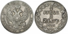 POLAND: Nicholas I, of Russia, 1825-1855, AR 5 zlotych (¾ rouble), Warsaw, 1839, Cr-133, VF.