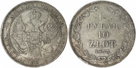 POLAND: Nicholas I, of Russia, 1825-1855, AR 10 zlotych (1½ roubles), St. Petersburg, 1833, Cr-134, die cud at 7h on the reverse rim, couple very tiny...