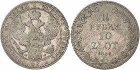 POLAND: Nicholas I, of Russia, 1825-1855, AR 10 zlotych (1½ roubles), Warsaw, 1836, Cr-134, choice VF-EF.