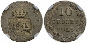 POLAND: November Uprising, 1830-1831, AR 10 groszy, Warsaw mint, 1831, Cr-121, mintmaster KG, NGC graded MS64.