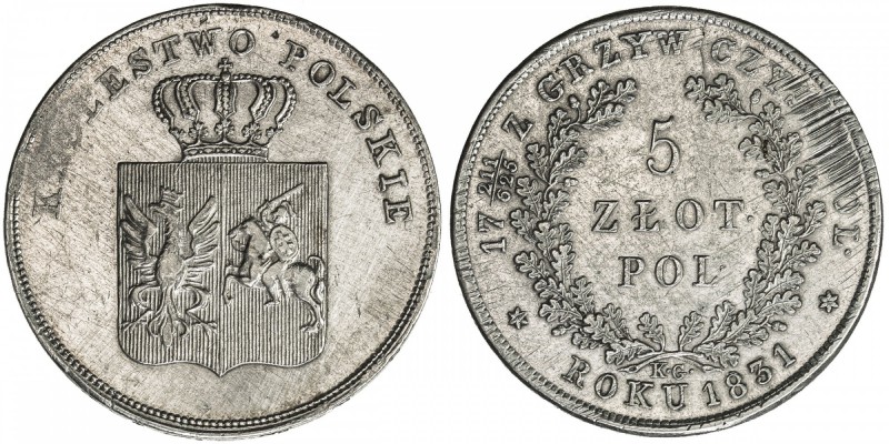 POLAND: November Uprising, 1830-1831, AR 5 zlotych, 1831, Cr-124, mintmaster KG,...
