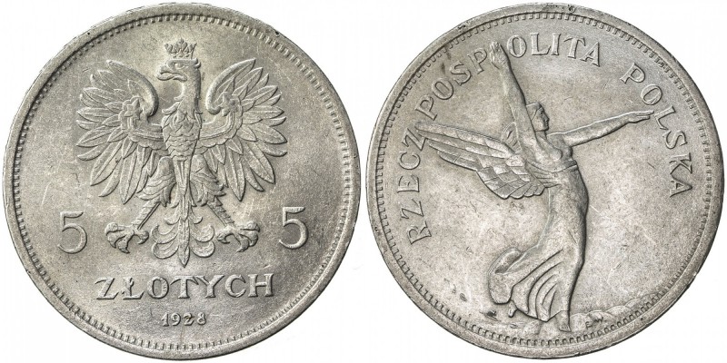 POLAND: Republic, AR 5 zlotych, 1928(w), Y-18, with arrow and letter K mintmark,...