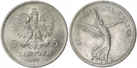 POLAND: Republic, AR 5 zlotych, 1928(w), Y-18, with arrow and letter K mintmark, AU.