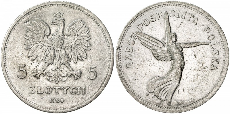POLAND: Republic, AR 5 zlotych, 1928(w), Y-18, with arrow and letter K mintmark,...