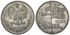 POLAND: Republic, AR 5 zlotych, 1930, Y-19, 100th Anniversary of the November Uprising, low-relief type, lightly toned, UNC.
